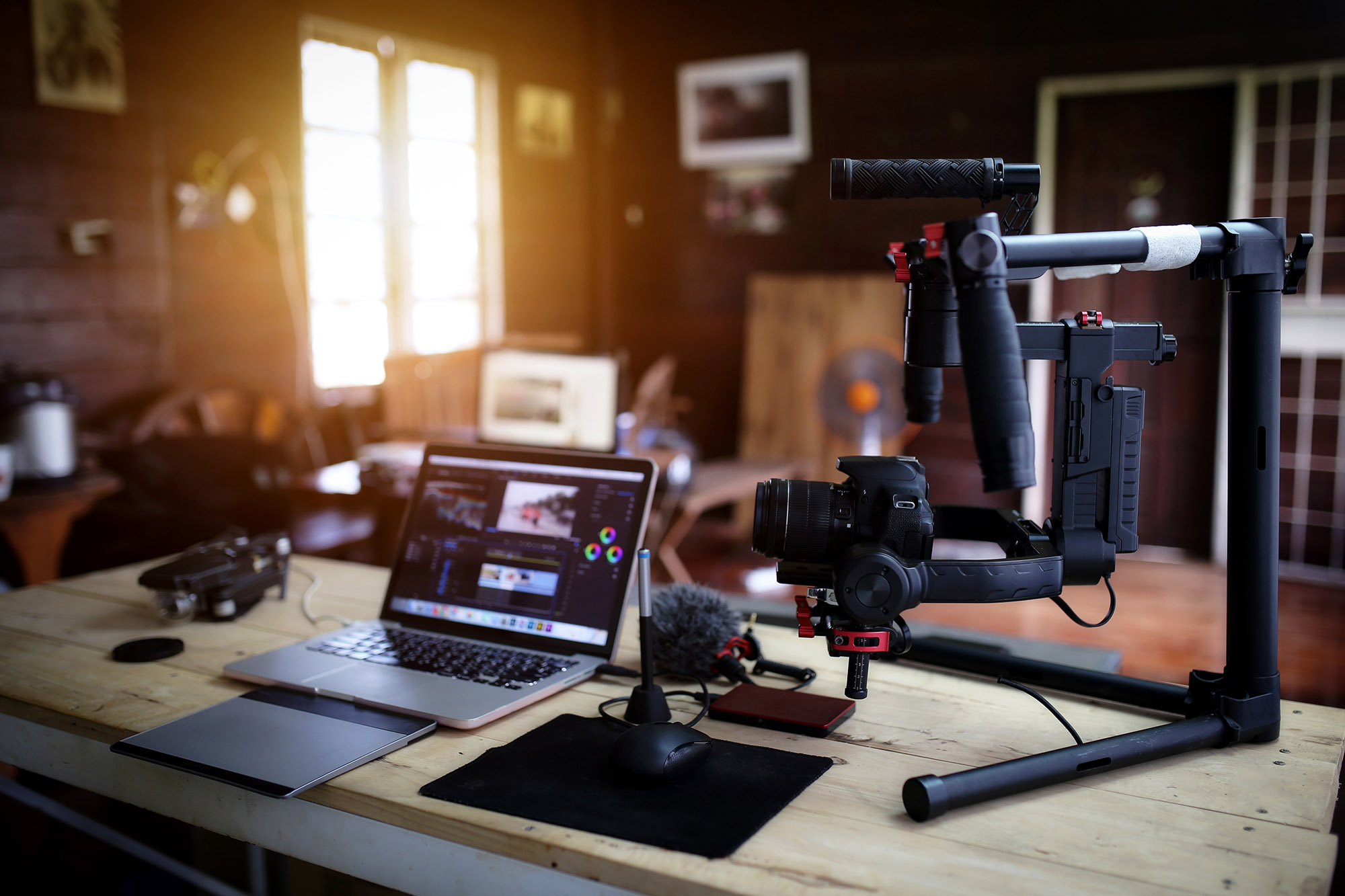 desk of videography equipment