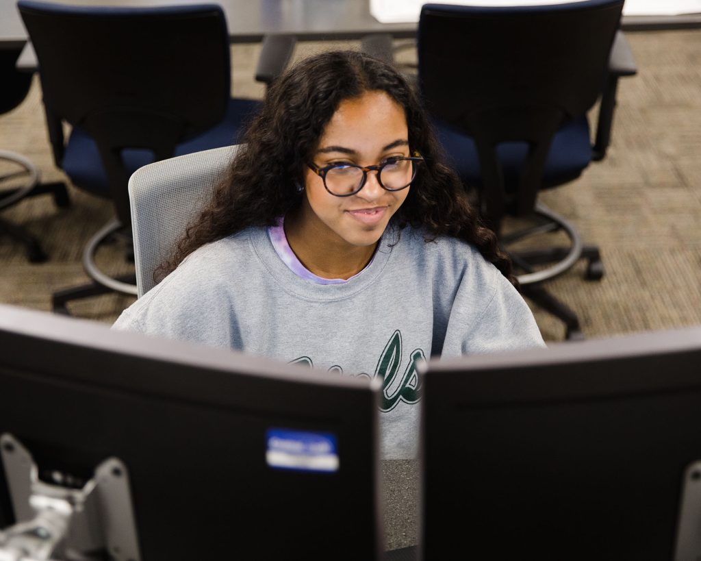 Central Tech student doing schoolwork on a computer