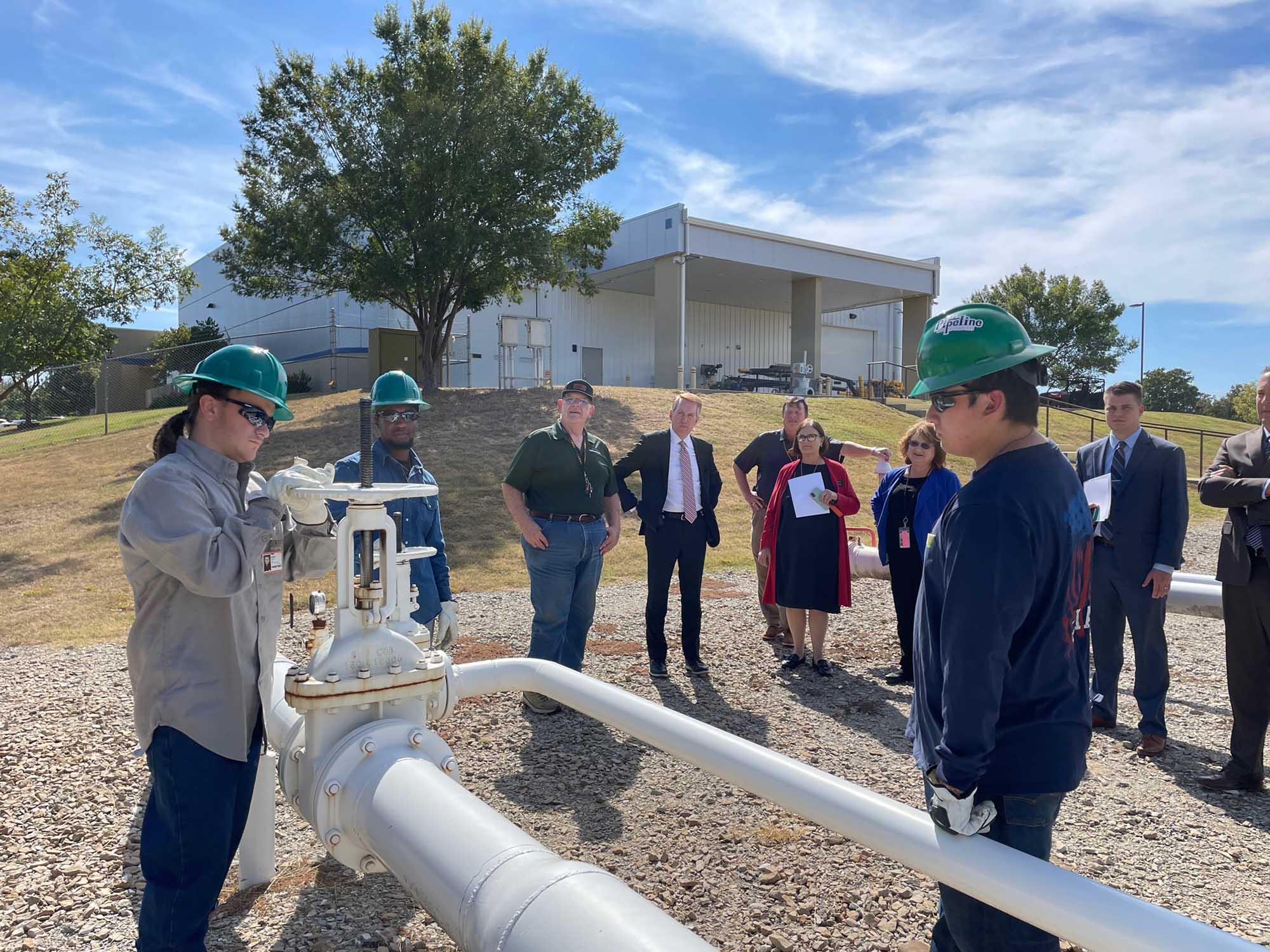 Senator James Lankford watches a demonstration on how a pig is run at Central Tech