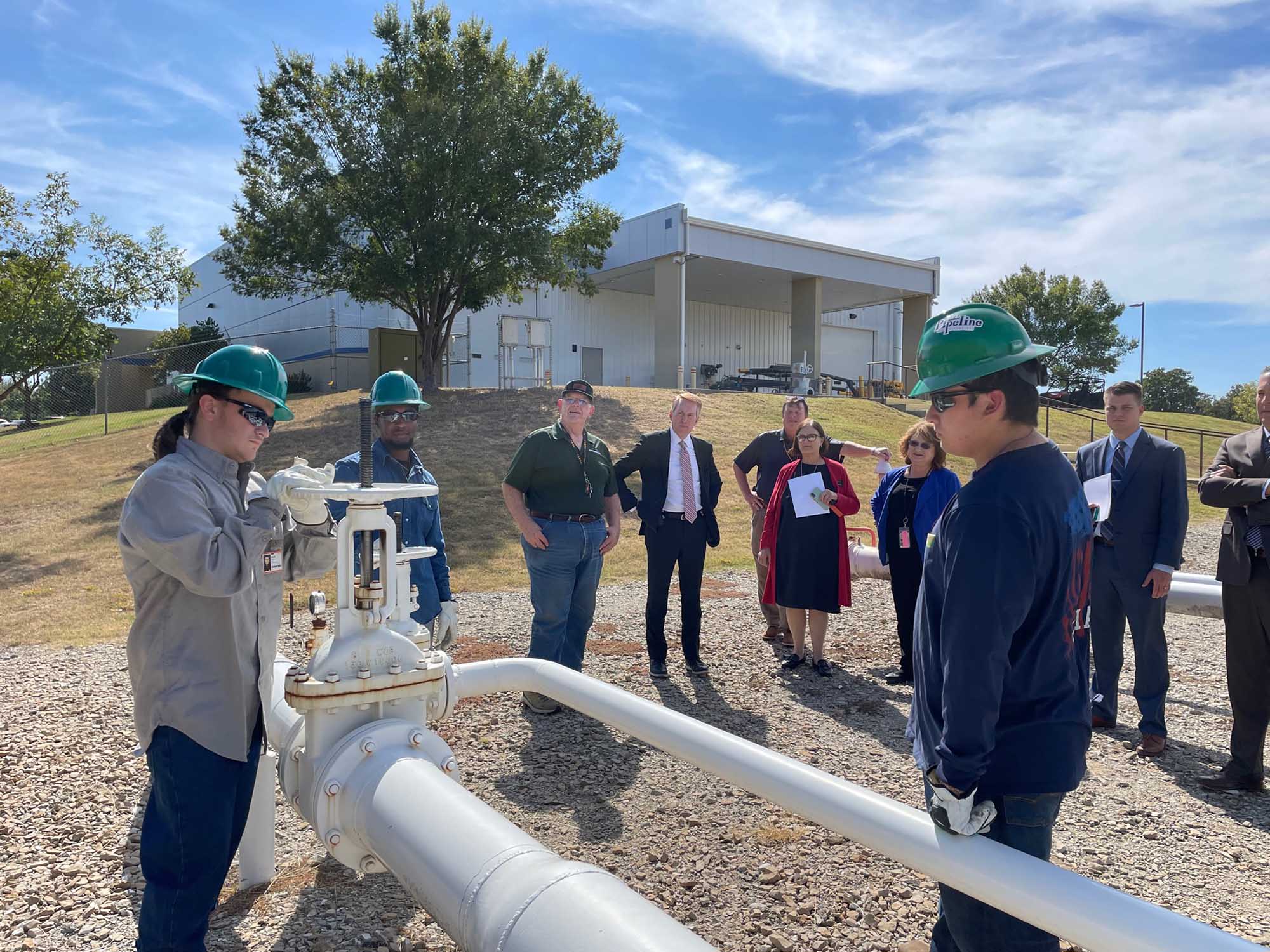 Senator James Lankford watches a demonstration on how a pig is run at Central Tech