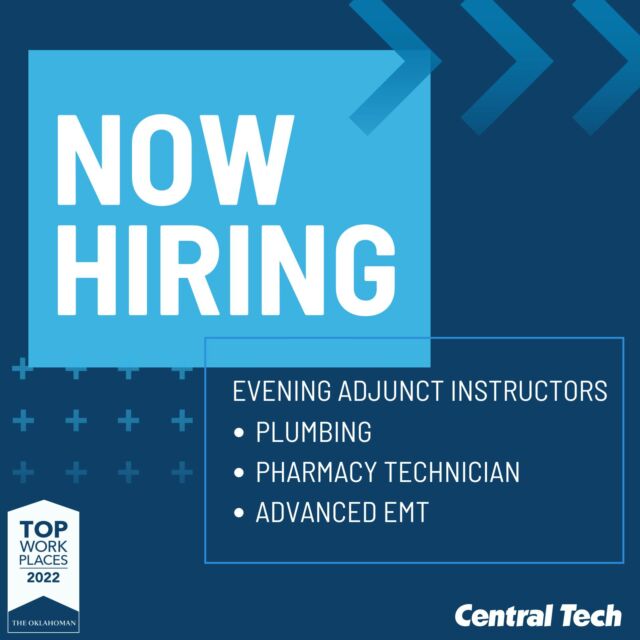 Join our team! 

Share your expertise as an evening adjunct instructor on our Sapulpa campus. 👏

Apply today: tinyurl.com/5aj2bmze

#centraltechedu