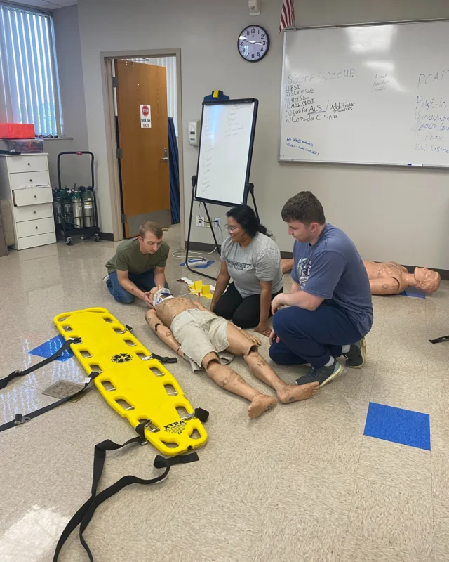 EMT-B students are diving into trauma care training - learning how to assess the body for things like spinal injuries and other life threatening trauma before safely loading and transporting patients. 🚑 

From head-to-toe checks to proper spinal alignment and stretcher techniques, these future first responders are building the skills to protect patients when every second counts.