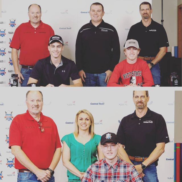 Tyler Wayland, Ben Burris, and Zach Ackart put pen to paper this afternoon during @skillsusa National Signing Day sponsored by @klein_tools. Congrats Ben and Tyler on your internships with @crosslandconstruction and Zach on your position at Pawnee Millworks! Read more -> link in bio #centraltechConstruction