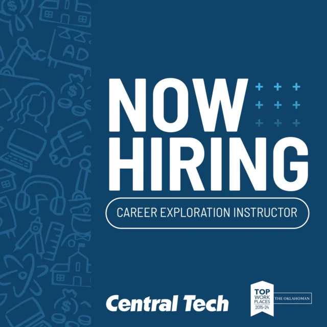 HIRING 📢 We're looking for three instructors to join the Central Tech family:

Career Exploration in Cleveland 👉 tinyurl.com/33sfs9fe
Network Security in Drumright 👉 tinyurl.com/3yvjxtjb
Industrial Maintenance in Sapulpa 👉 tinyurl.com/34dkbyzv