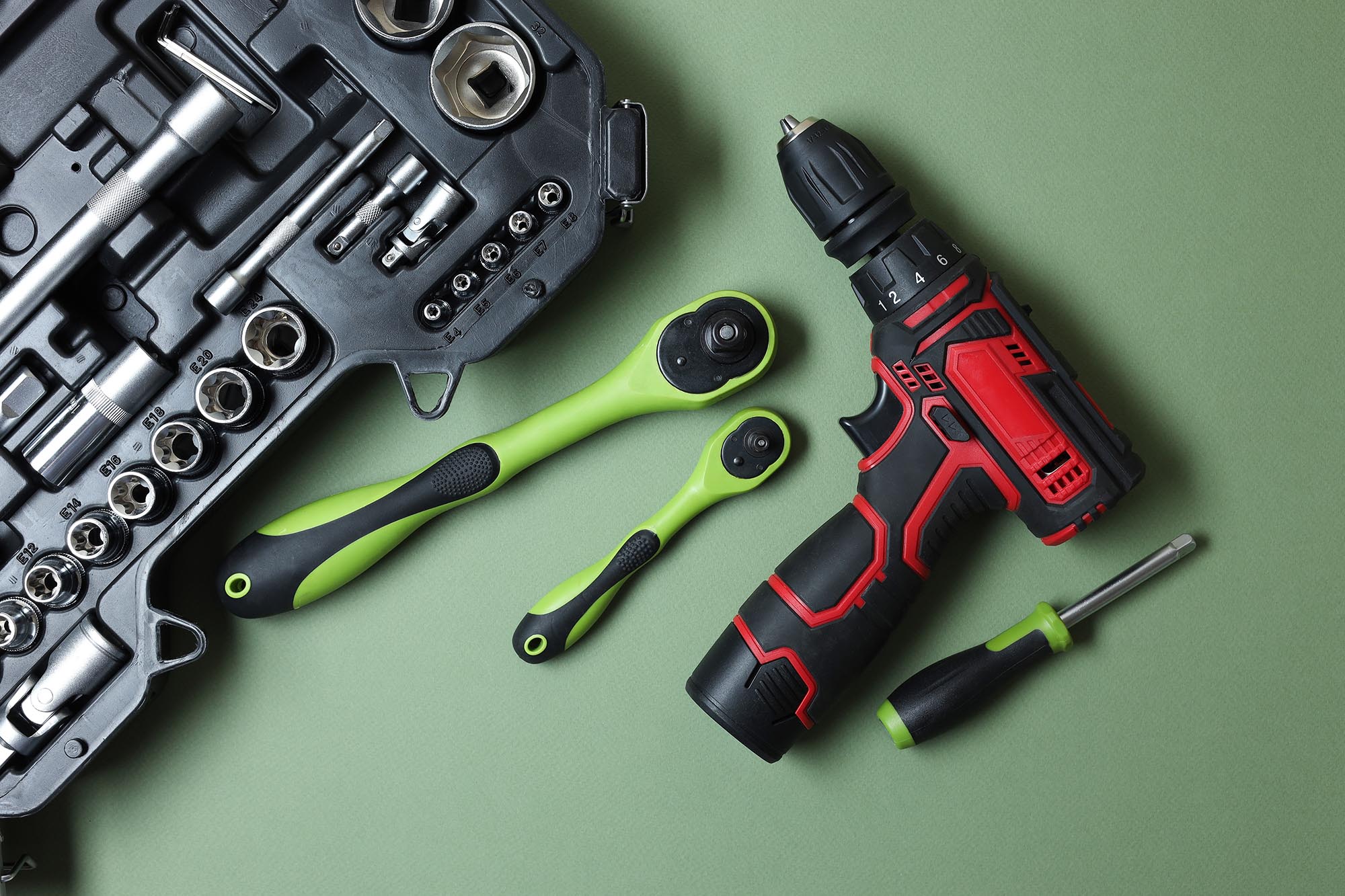photo of cordless drill and other tools